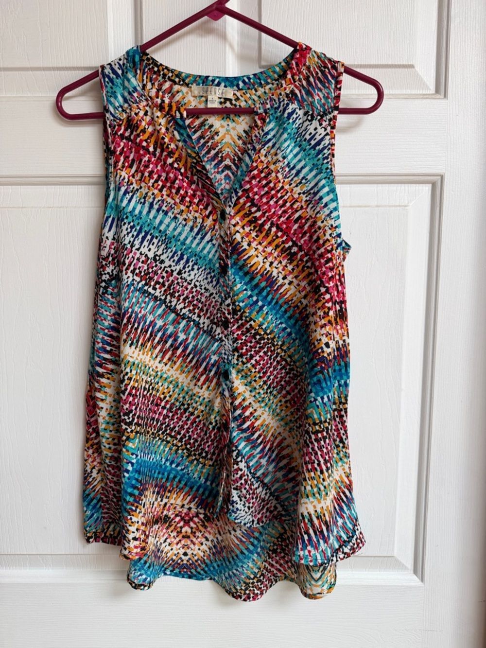 Spense Multicolor Sleeveless V-Neck Tank - Teal, Pink & Yellow
